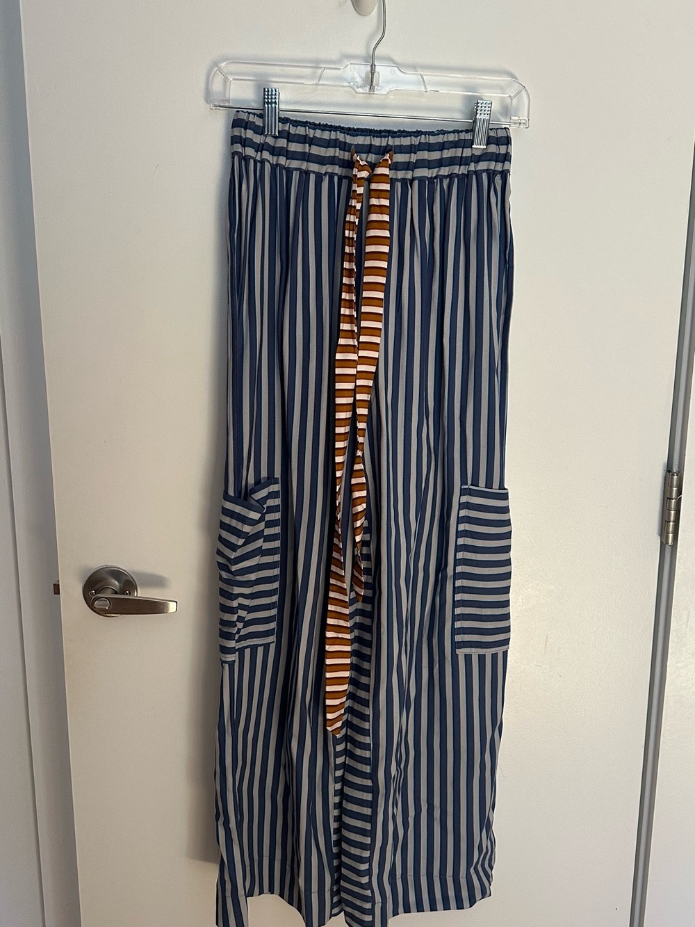 Free People Look ALike Striped Navy & White Wide Leg Pants with Contrast Tie